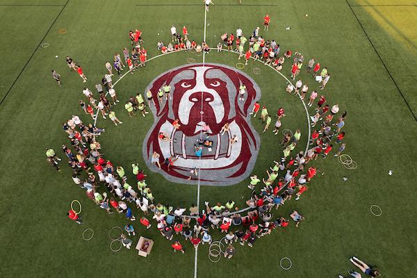 Aerial shot of 学生 on the athletic field with a Nelson mascot logo